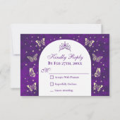 Moderne Lila Gold Tiara Butterfliegen Quinceañera RSVP Karte (Vorderseite)