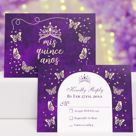 Moderne Lila Gold Tiara Butterfliegen Quinceañera RSVP Karte