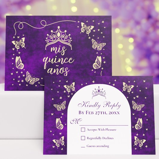 Moderne Lila Gold Tiara Butterfliegen Quinceañera RSVP Karte