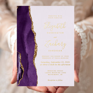 Moderne lila-goldene Achat-Lavendel-Hochzeit Folieneinladung