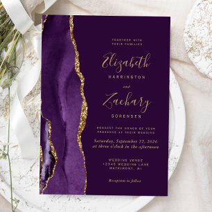 Moderne lila-goldene Achat-Pflaume Hochzeitseinlad Einladung