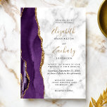 Moderne Lila Goldmarmorhochzeit Einladung<br><div class="desc">Der links Rand dieser eleganten, modernen Hochzeitseinladung zeichnet sich durch eine lila Aquarellgrenze aus, die mit Imitaten mit goldenem Glitzer bestickt wurde. Der anpassbare Text kombiniert eine goldfarbene Handschrift mit schwarzer Kupferplatte und kursiven Schriftart auf weißem und grauem Marmorhintergrund. Auf der Rückseite ist ein lila und goldenes Design zu sehen....</div>