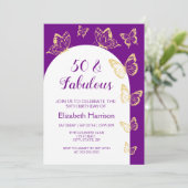 Moderne Lila Goldschmetterlinge zum Geburtstag Einladung (Stehend Vorderseite)
