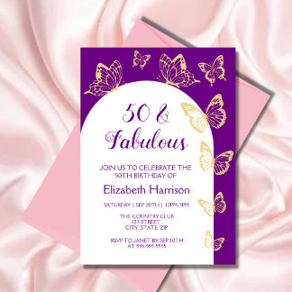 Moderne Lila Goldschmetterlinge zum Geburtstag Einladung