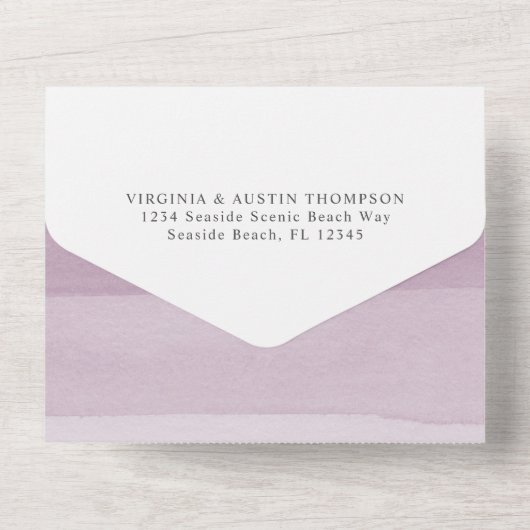 Moderne Lila Hochzeit All In One Einladung (Rückseite)