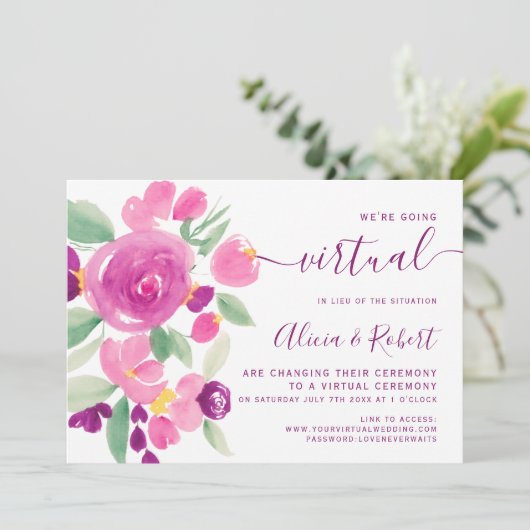 Moderne lila Hochzeit in Aquarellen Einladung (Stehend Vorderseite)