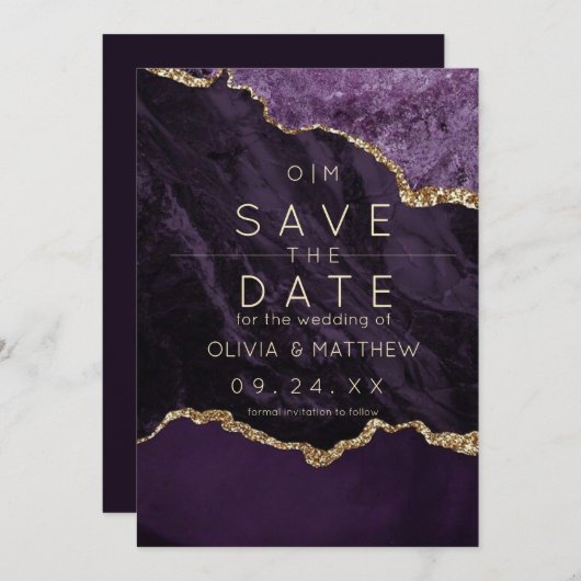 Moderne Lila Hochzeit mit Gold Glitzer Agate Weddi Einladung (Vorne/Hinten)