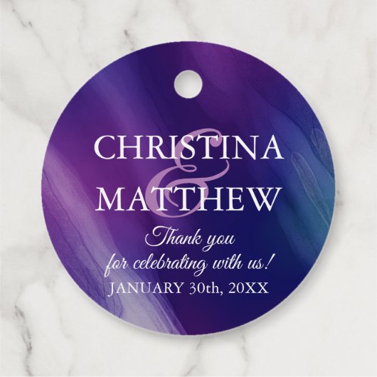 Moderne Lila Hochzeit mit Wasserfarbe Geschenkanhänger (Rückseite)