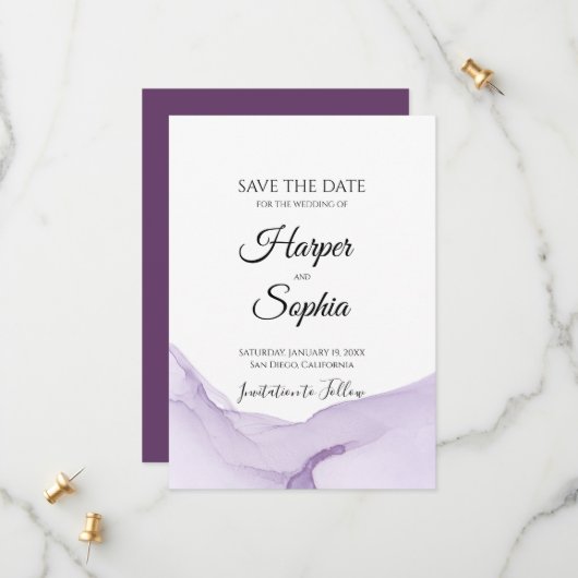 Moderne Lila Hochzeit Save The Date (Vorderseite/Rückseite Beispiel)