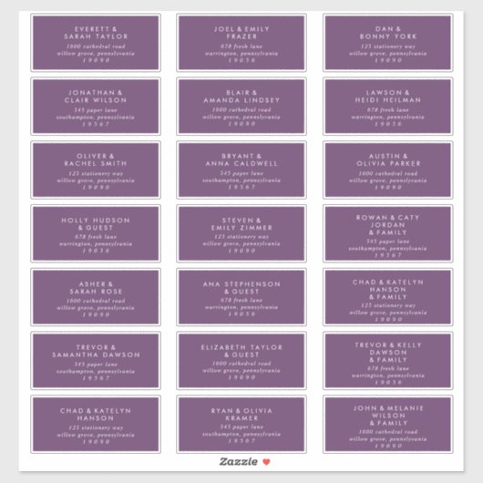 Moderne Lila Hochzeitgastadressen Aufkleber (Blatt)