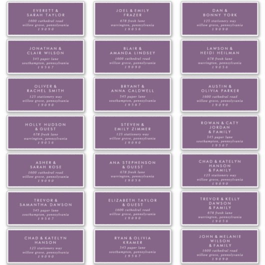 Moderne Lila Hochzeitgastadressen Aufkleber (Vorderseite)