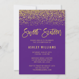 Moderne Lila Imitate Gold Glitzer Sweet 16 Einladung