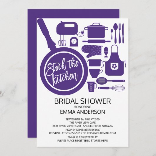 Moderne Lila Küche Bridal Dusche Einladung (Vorne/Hinten)