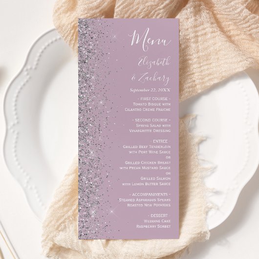 Moderne Lila Lilac Silver Glitzer Wedding Menükarte