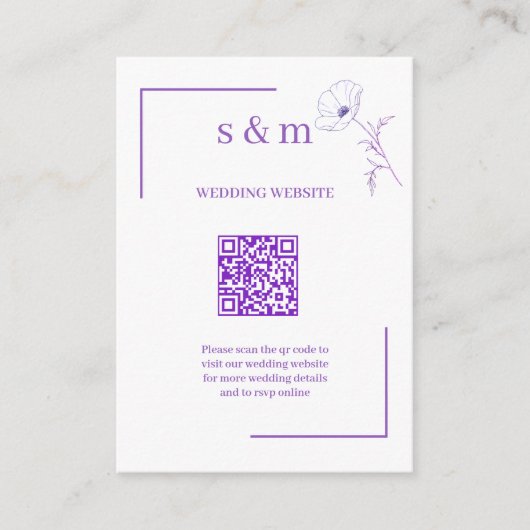 Moderne lila Linienkunst Flo QR-Code Hochzeitswebs Begleitkarte (Vorderseite)