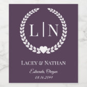 Moderne Lila Monogramm-Initialen für Wein Weinetikett (Einzelnes Label)