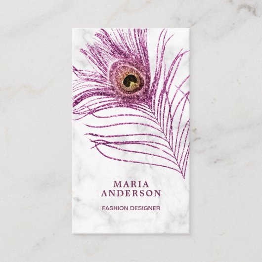 Moderne Lila Pfauenfeder aus weißem Marmor Visitenkarte (Vorderseite)