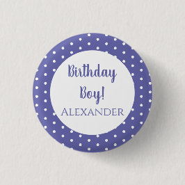 Moderne Lila Polka Dots Name Birthday Boy Button