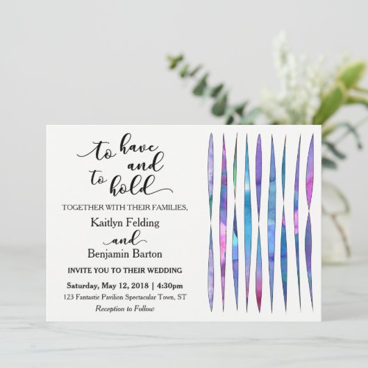 Moderne Lila, rosa, blaue Wasserfarbenhochzeit Einladung (Stehend Vorderseite)