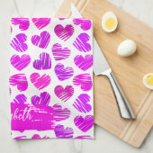 Moderne Lila rosa Doodled Hearts Valentine Name Geschirrtuch (Viertel Falte)