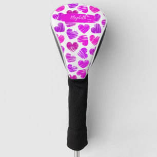 Moderne Lila rosa Doodled Hearts Valentine Name Golf Headcover
