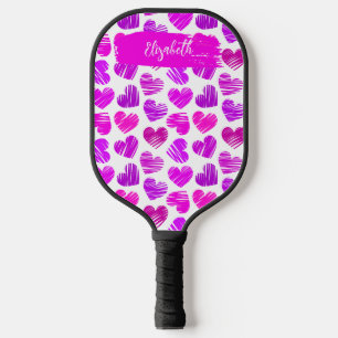 Moderne Lila rosa Doodled Hearts Valentine Name Pickleball Schläger
