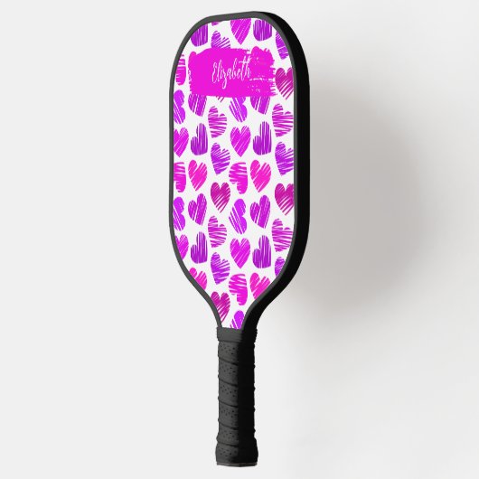 Moderne Lila rosa Doodled Hearts Valentine Name Pickleball Schläger (Links)