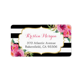 Moderne Lila rosa Fuchsia Floral BW Streifen Adressaufkleber