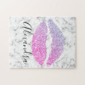 Moderne lila Rosa Glitzer Lippen Kuss Name Puzzle (Horizontal)