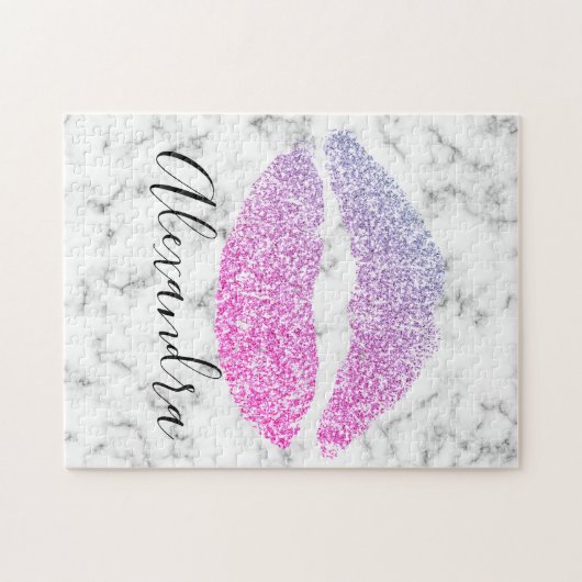 Moderne lila Rosa Glitzer Lippen Kuss Name Puzzle (Horizontal)