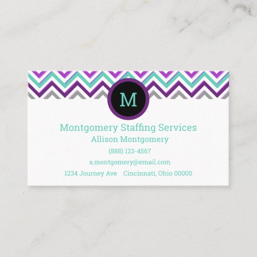 Moderne Lila, rosa, grau und Aquamarin. Zickzack Visitenkarte (Vorderseite)