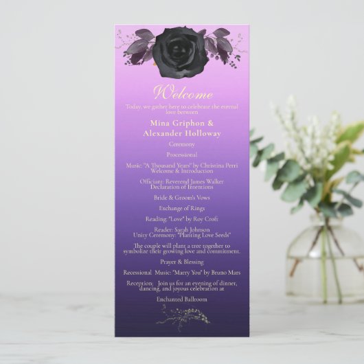 Moderne Lila Schwarze Rose Goth Foto Hochzeit Programm (Stehend Vorderseite)