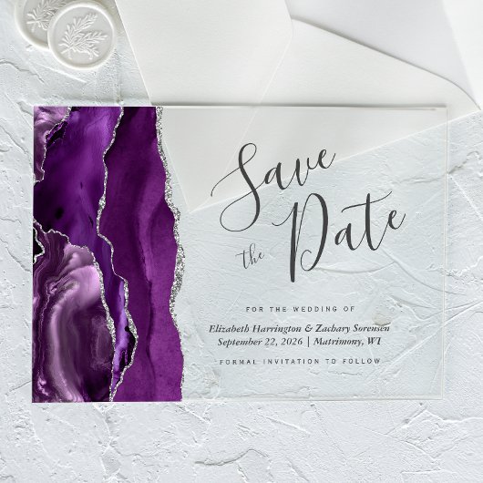 Moderne Lila Silber-Gate-Save the Date-Karte Acryleinladungen