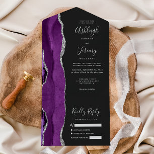 Moderne Lila Silver Agate Dark Wedding All In One Einladung