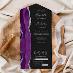 Moderne Lila Silver Agate Dark Wedding All In One Einladung<br><div class="desc">Die links Kulisse dieser eleganten, modernen und einladenden Hochzeitseinladung und der UAWG besticht durch eine lila Aquarellgrenze, die mit Imitaten aus silberem Glitzer besticht. Der anpassbare Text kombiniert silbergraue Handschrift, Kupferplatte und kursiv Schriftart auf einem schwarzen Hintergrund. Die Rücksendeadresse wird auf der Außenhaut und auf der Rückseite der abnehmbaren RSVP-Karte...</div>