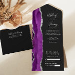 Moderne Lila Silver Agate Dark Wedding All In One Einladung<br><div class="desc">Die links Kulisse dieser eleganten, modernen und einladenden Hochzeitseinladung und der UAWG besticht durch eine lila Aquarellgrenze, die mit Imitaten aus silberem Glitzer besticht. Der anpassbare Text kombiniert silbergraue Handschrift, Kupferplatte und kursiv Schriftart auf einem schwarzen Hintergrund. Die Rücksendeadresse wird auf der Außenhaut und auf der Rückseite der abnehmbaren RSVP-Karte...</div>