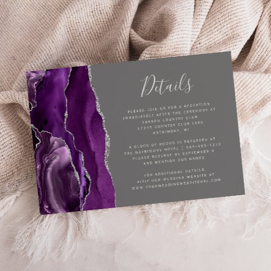 Moderne Lila Silver Agate Gray Wedding Details Begleitkarte
