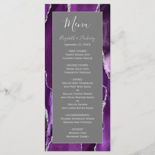 Moderne Lila Silver Agate Gray Wedding Menükarte (Vorderseite)