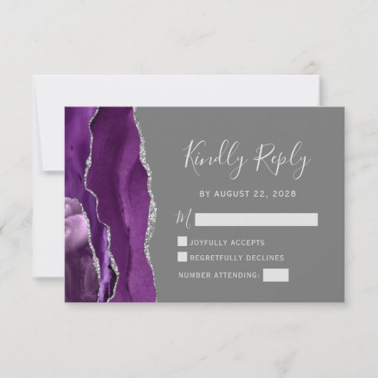 Moderne Lila Silver Agate Gray Wedding RSVP Card (Vorderseite)