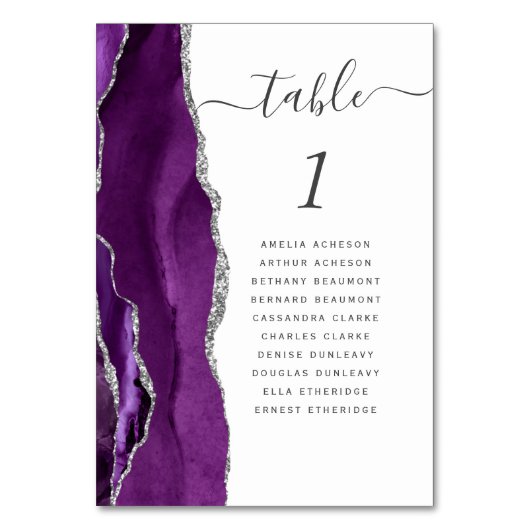 Moderne Lila Silver Agate Hochzeit Tischnummer (Vorderseite)