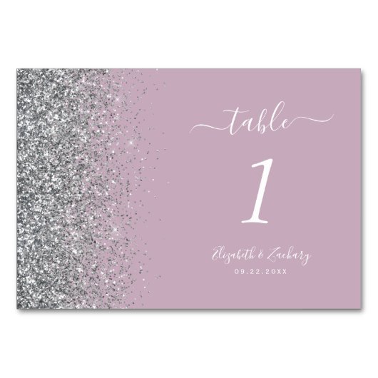 Moderne, Lila Silver Glitzer Edge Wedding Tischnummer (Rückseite)