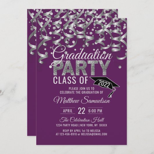 Moderne Lila Silver Glitzer GRADUATION Party Invi Einladung (Vorne/Hinten)
