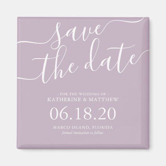 Moderne Lila Skripteinsätze speichern das Datum Magnet (Vorne)