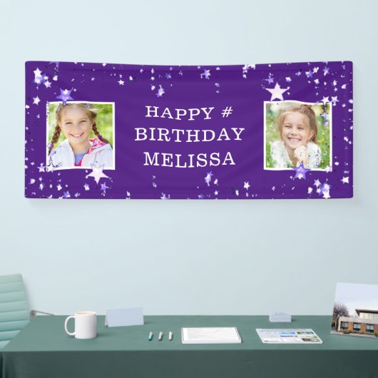 Moderne Lila Sterne jeden Alters Geburtsname Foto Banner (Messe)