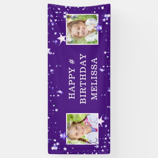 Moderne Lila Sterne jeden Alters Geburtsname Foto Banner (Vertikal)