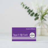 Moderne Lila Streifen mit Logos und Foto Visitenkarte (Stehend Vorderseite)