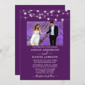 Moderne Lila String Lights Foto Wedding Einladung (Vorne/Hinten)