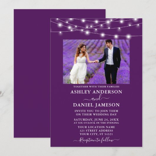 Moderne Lila String Lights Foto Wedding Einladung (Vorne/Hinten)