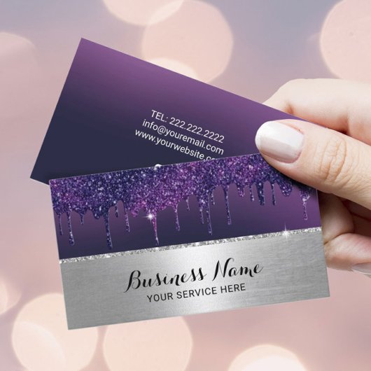 Moderne Lila Tropfen Silver Border Beauty Salon WE Visitenkarte