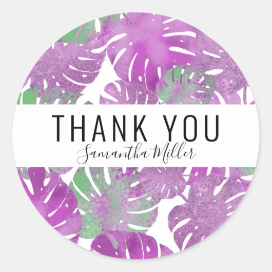 Moderne lila tropische Monstera Pflanze Blätter Runder Aufkleber (Vorderseite)